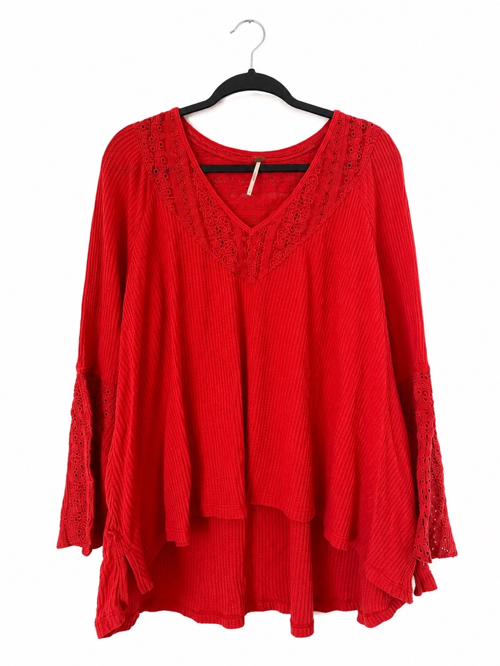 Free People We The‎ Free Red Waffle Knit Lace Trim Thermal Tunic Top Size L
